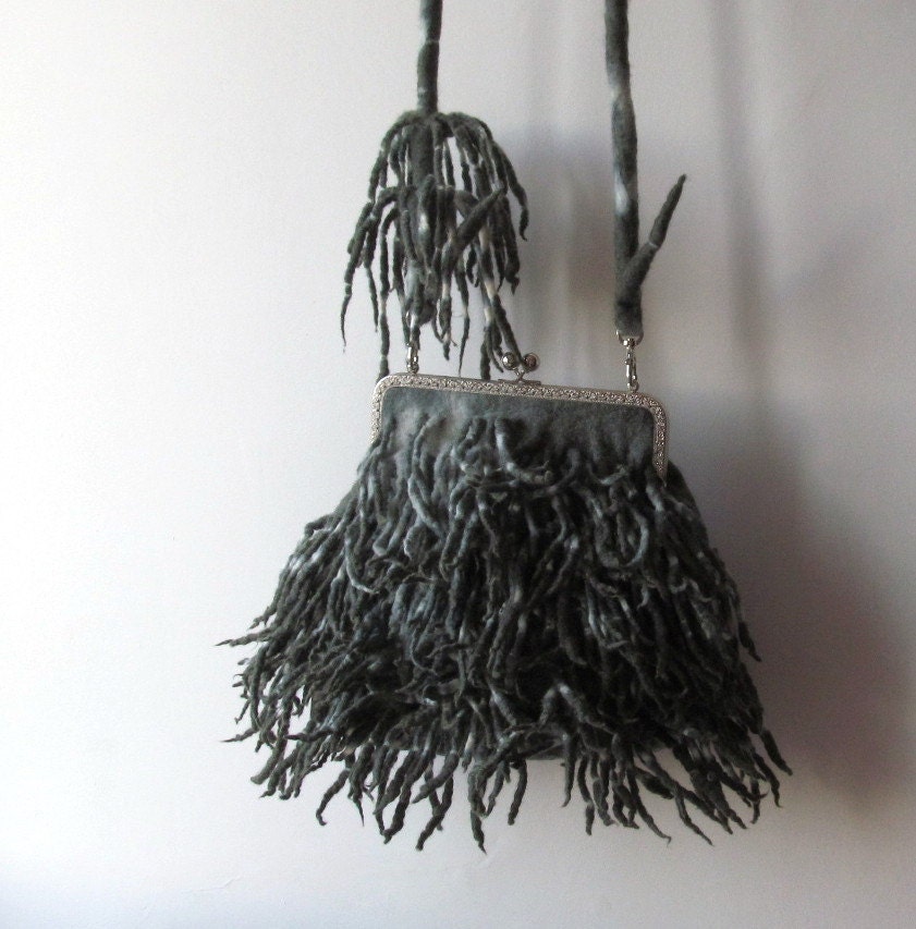 Felted handbag Grey  fringe  purse locks hand dyed
