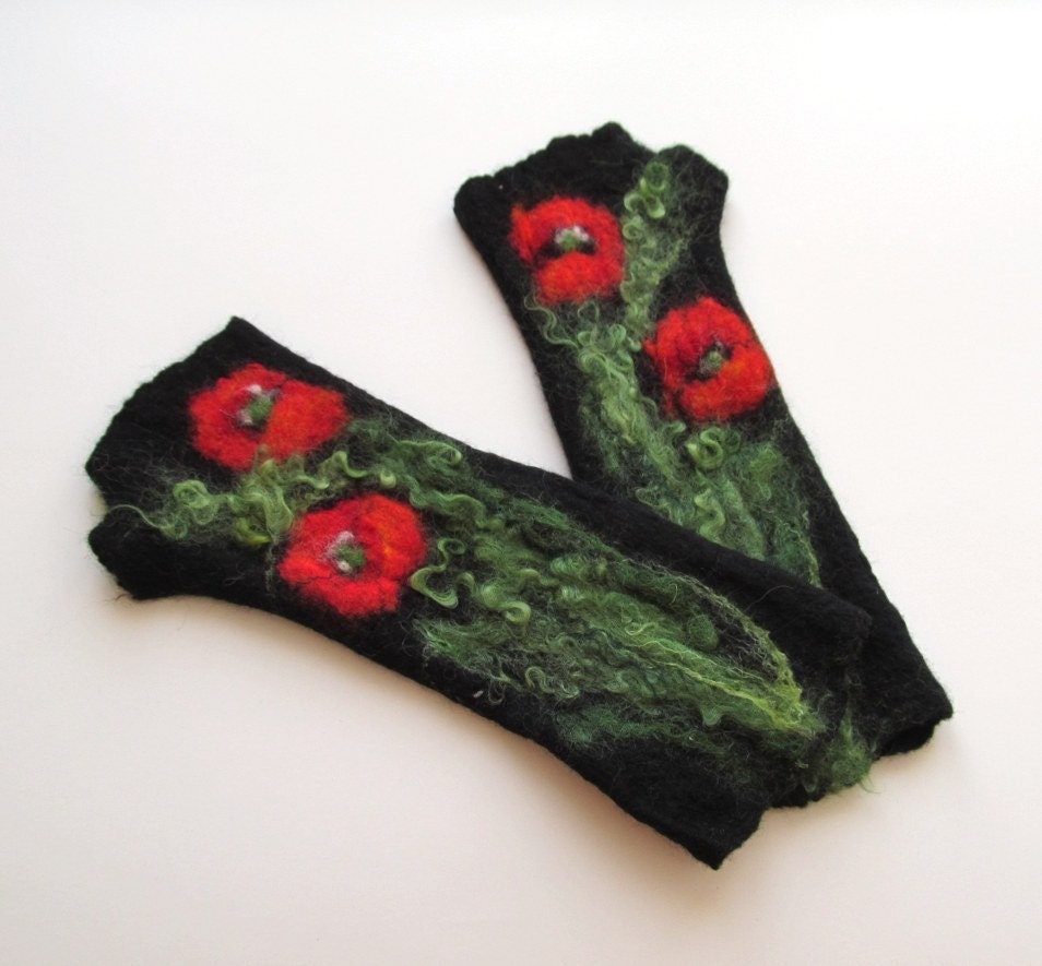 Felted Mittens fingerless gloves  -  Black red Poppy
