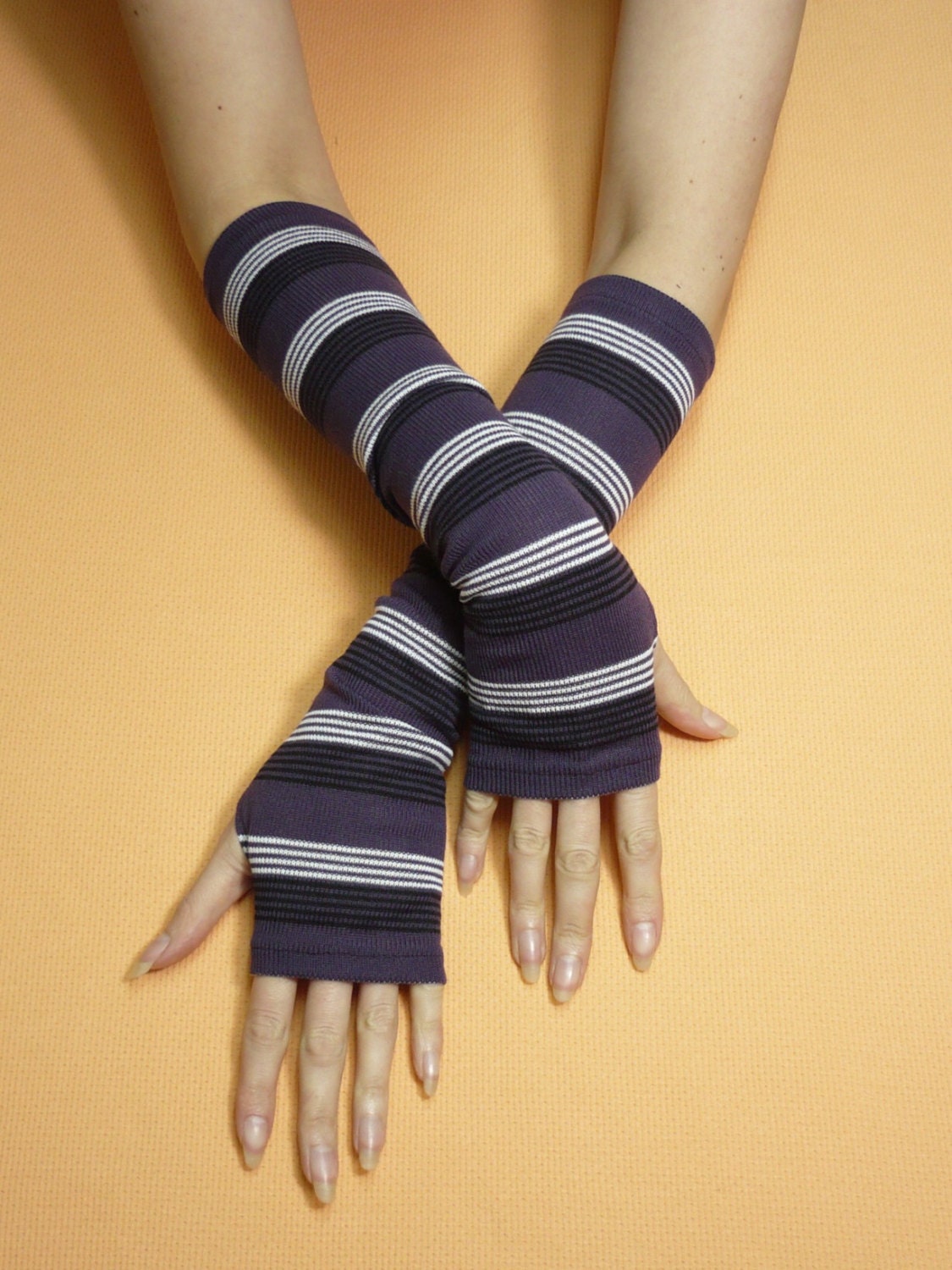 Striped Armwarmers with Thumb Holes, Purple, Thick Boho Hippie Fingerless Gloves, Tribal, Dance, Tattoo Covers, Ladie's Sleeves