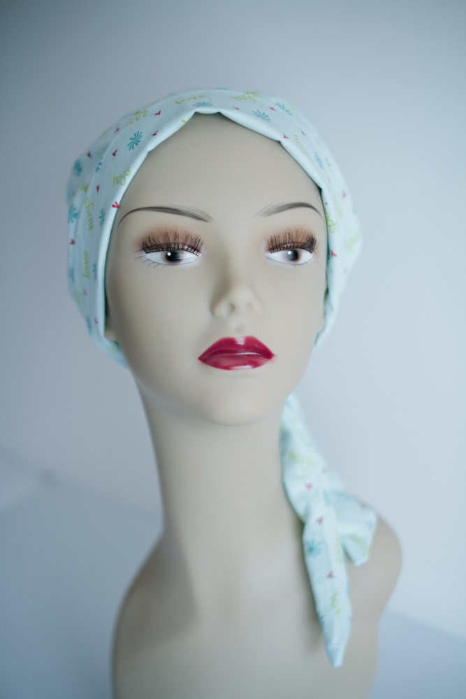 Chemo Scarf  --  Cancer Turban Hat for Alopecia Hair Loss -- Light Blue Hearts Floral Headwrap