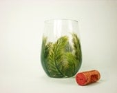 Hand Painted Men's Stemless Wine Glasses - Green Ferns Botanical Set of 4, 17 oz - Georgia Pine Evergreen Fathers Day Summer