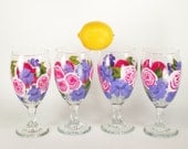 Hand Painted Iced Tea Glasses - Pink Azaleas, Purple Daisies, Abstract Bright set of 4 16 oz - Juice Beverage Water Glasses Housewarming