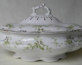 Antique Sage / Olive Green Transferware Tureen Covered of Rose Gralands and Babies Breath