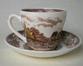 Brown Toile Transferware Tea Cup and Saucer Olde England Father and Son Fishing Stream Thatched Cottage