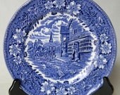 Blue and White Toile Transferware Plate Roses Ducks Horses English Village