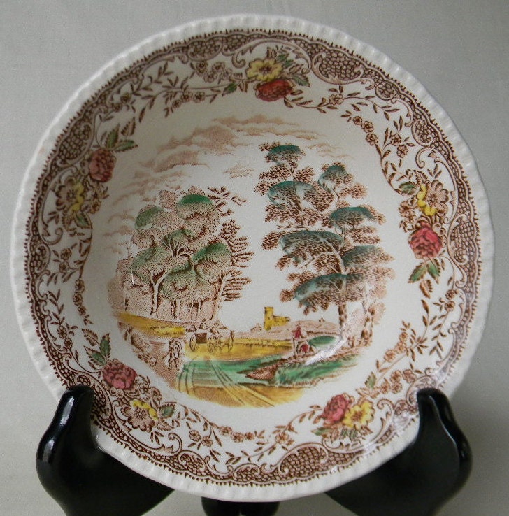 Brown Polychrome Transferware Cereal Bowl Tray Olde England Fishing  Church Farmer Horse Cart