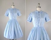 SALE Vintage 1950s Dress // 60s Blue Shirtwaist Dress // Pollyanna