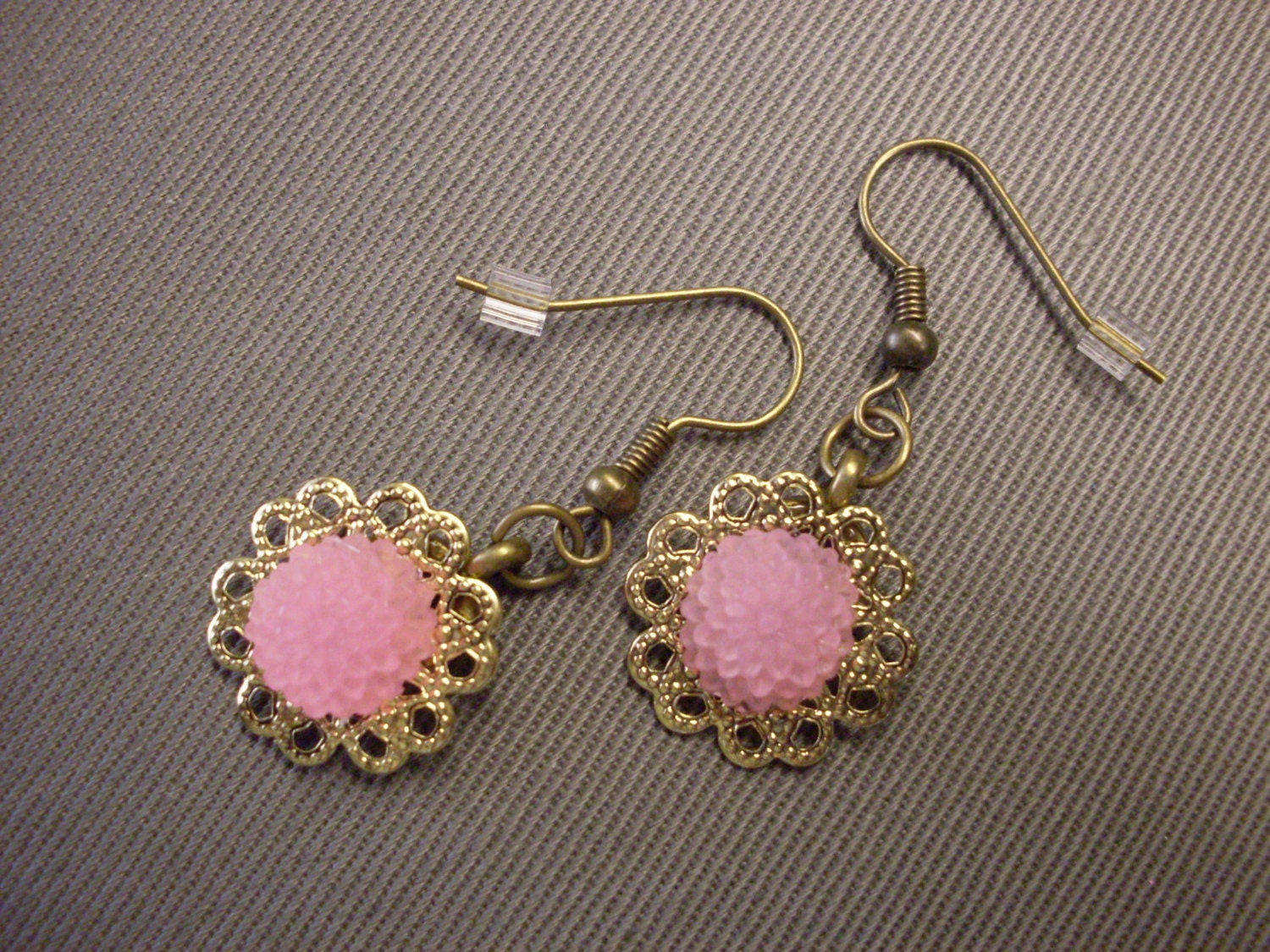 SHIPS FREE, Flowers, Pink, Filigree, Antique Brass Earrings