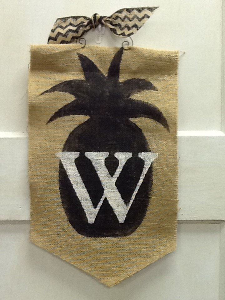 Burlap Pineapple with initial door hanger topped with chevron bow