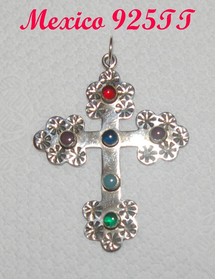Silver Cross  with Stones Taxco Signed TT 14  Mexico 925 Weight 8G   Vintage 1970's or earlier