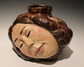 Surreal Art Vase, Dreaming Head Vessel Sculpture, Wabi Sabi Ikebana Face Pot, Sleeping Goddess