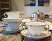 3 Haviland Limoges Creamed Soup Servers Delicate Gold Painted Porcelain Double Handled Cups with Saucers Rare Find in Fine Condition