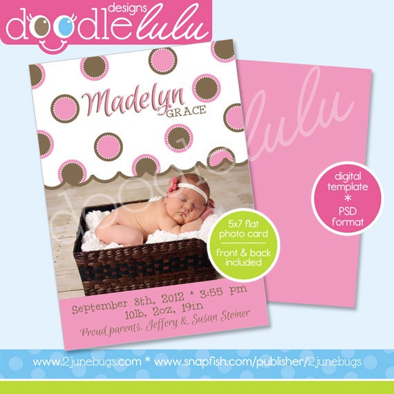 INSTANT DOWNLOAD Printable 5x7 Pink & Brown Polka Dot Birth Announcement Photo Card Template - Design from DOODLELULU by 2 june bugs Il_170x135