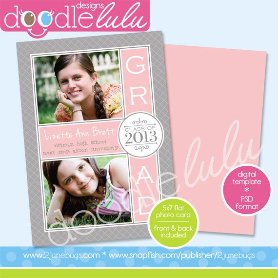 INSTANT DOWNLOAD Printable Graduation 2013 5x7 / Pink & Gray / Digital Photo Card Template (Photoshop) PSD from Doodlelulu by 2 june bugs Il_570xn
