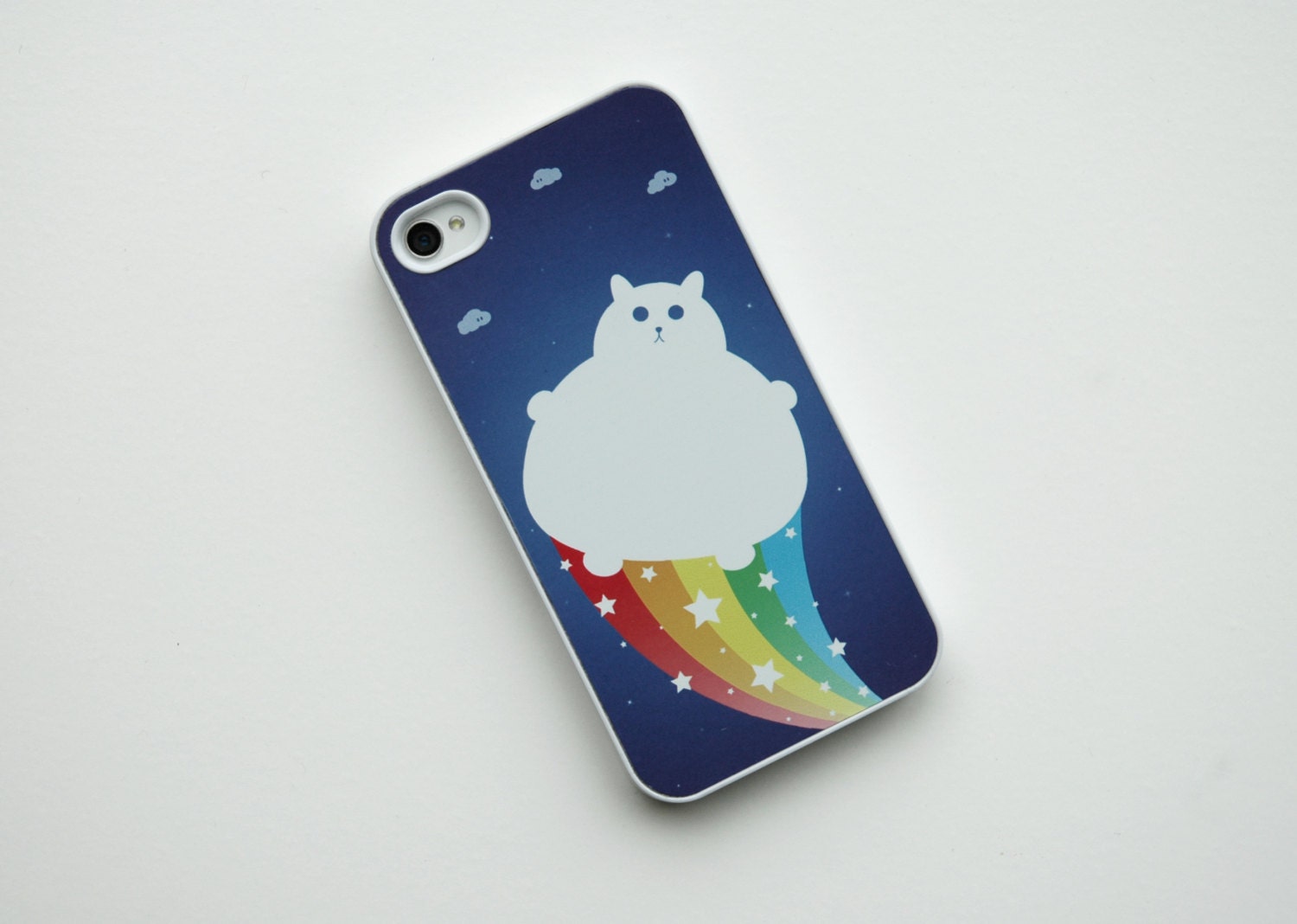 iPhone 4 case Fat Kitty Cat White and blue with Rainbow