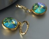 Rivoli Swarovski Earrings, Rivoli Crystals,  Peridot Color, Hoop Dangle Earring, Gold Plated Finish