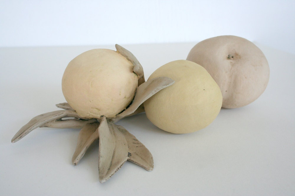 Hand built earthenware fruit. Peaches, home decor.