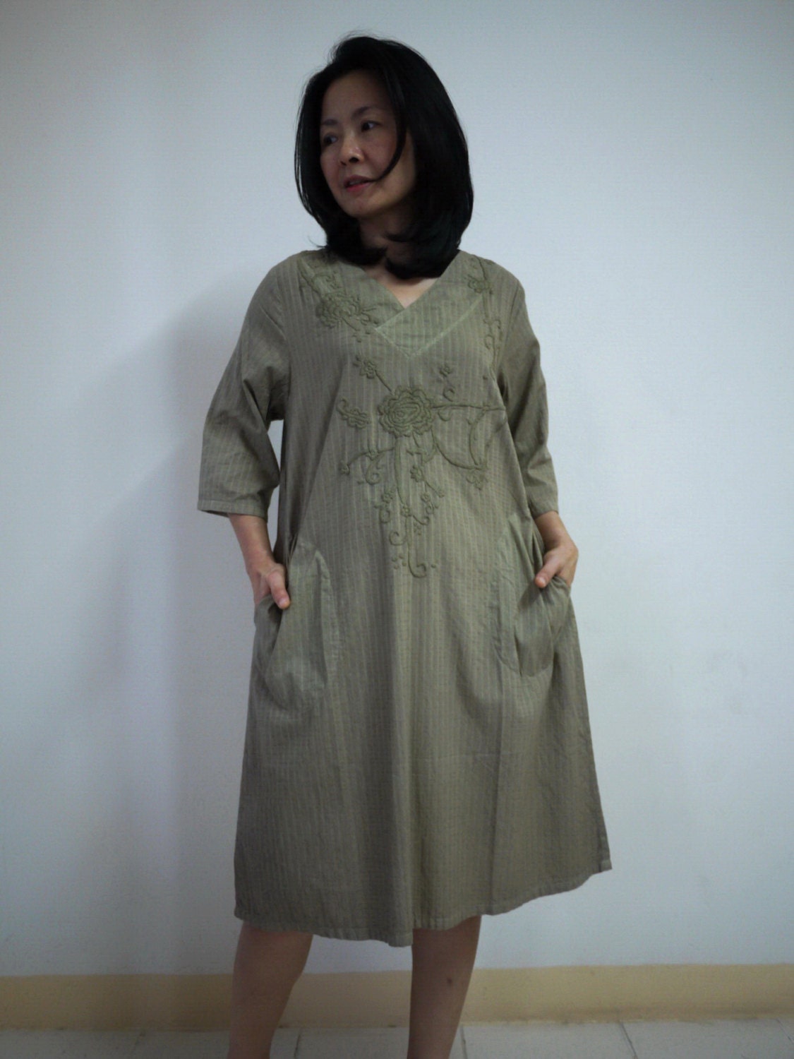 Boho Tunic Dress - 3/4 Sleeve V-Neck Light Cotton Casual Floral Hand-Embroidered Tunic Dress Hand-Dyed In Olive Green