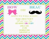 Customized Gender Reveal Party Invitation Bow or Beau Colorful Chevron Invitation - 5x7 - Digital File for e-mail or print Printable