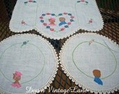Vintage Embroidered Doily Set Boy and Girl Pink and Blue