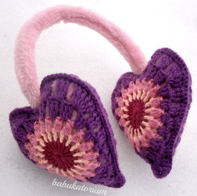 Crochet Earmuffs - Pastel Granny Hearts