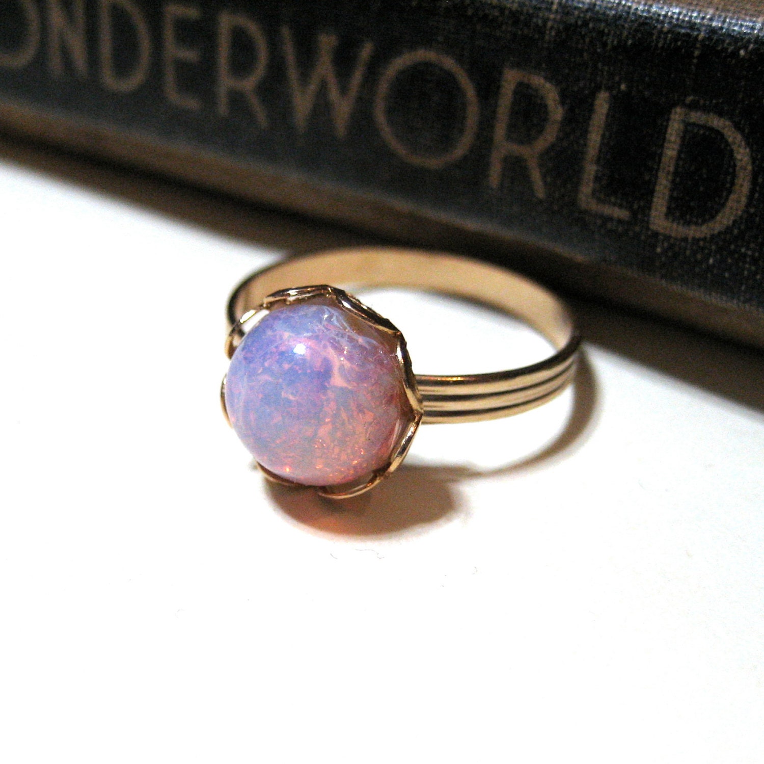 Round Vintage Pink Harlequin Opal Ring - WWII Era - Lace / Scalloped Setting - Gold Plated - Adjustable