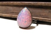 Vintage Pink Harlequin Fire Opal Pear Ring - WWII Era - Antiqued Brass - Adjustable - Teardrop - Antique Gold