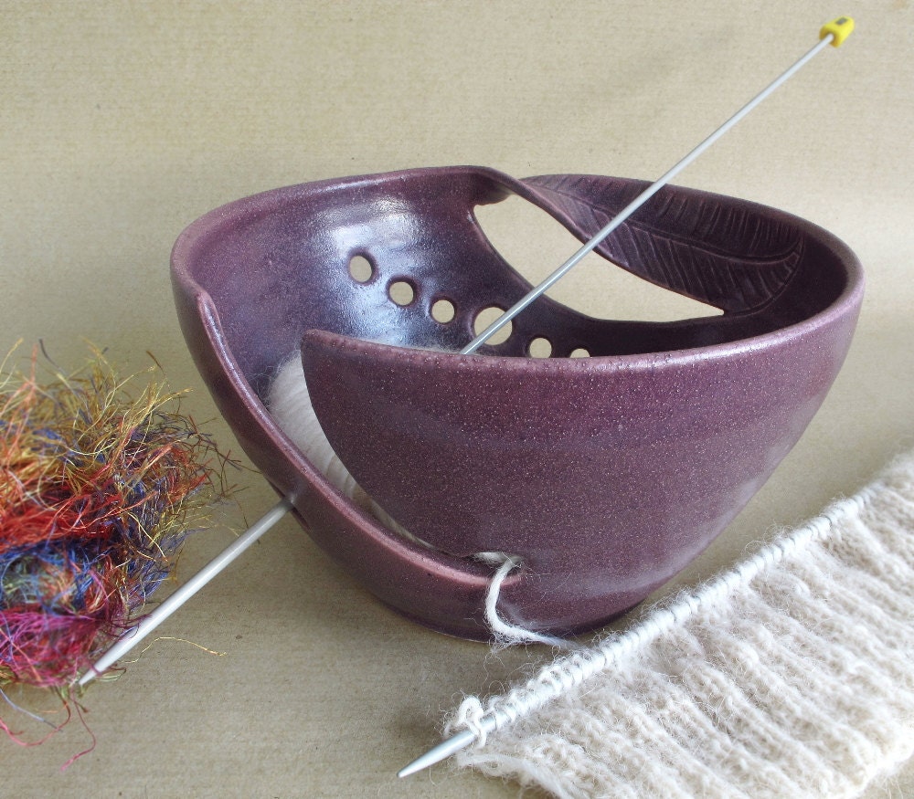 Pottery ceramic KNITTING Bowl, New Matte Amethyst Yarn Bowl, twisted leaves stoneware knitter love yarn holder ceramics