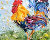 Original oil painting Rooster Bird PALETTE KNiFE impressionism impasto fine art on canvas by Karen Tarlton