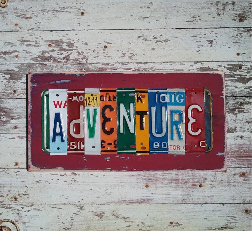 ADVENTURE road trip travel Black Blue Orange Aqua Man Mancave Word Block Sign Custom Funky States License Plate Art Recycled