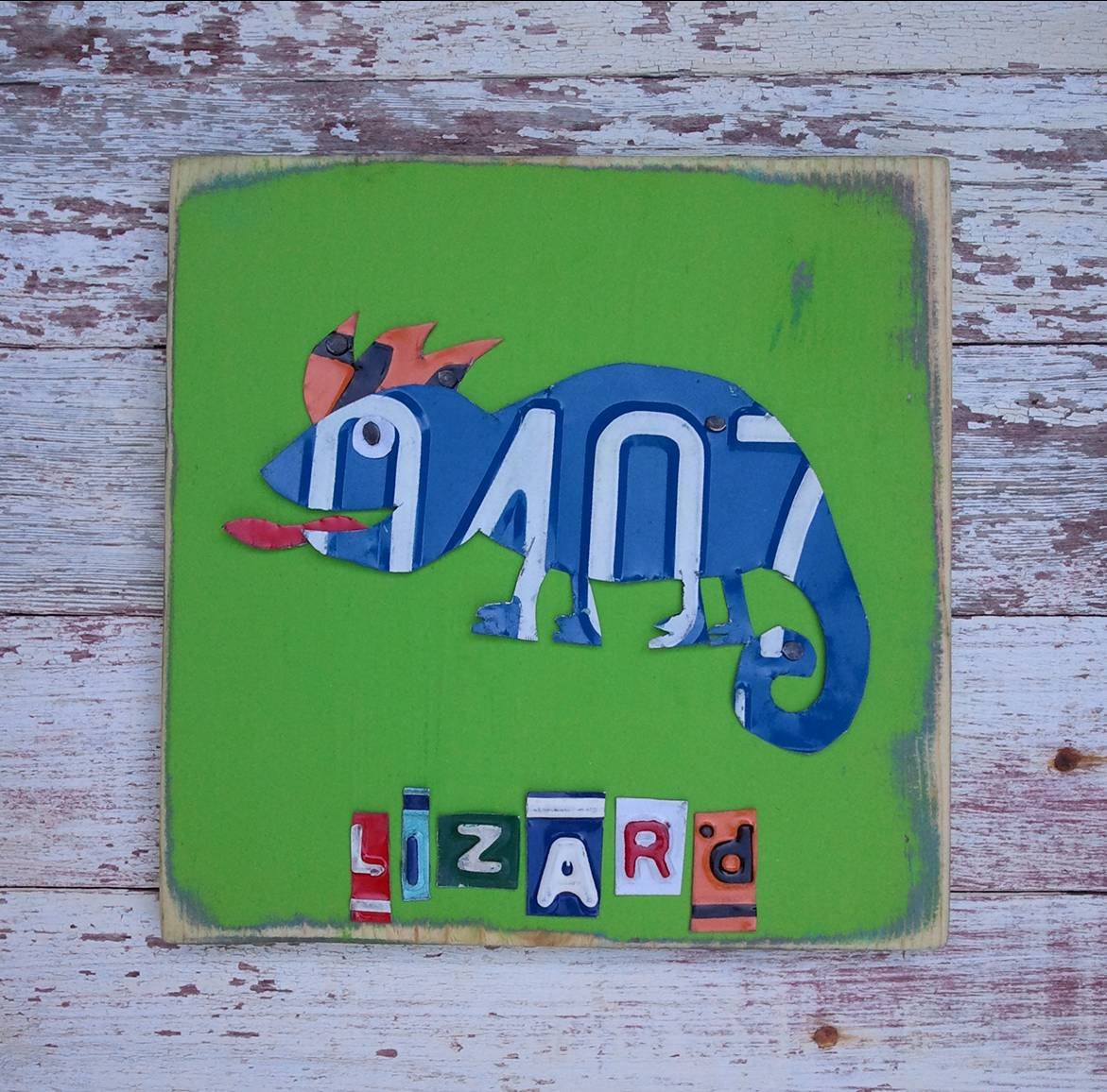 Funky Lizard Blue on Lime Green Orange Mohawk Gecko Nursery Boy Toddler Animal Custom License Plate Art Recycled States