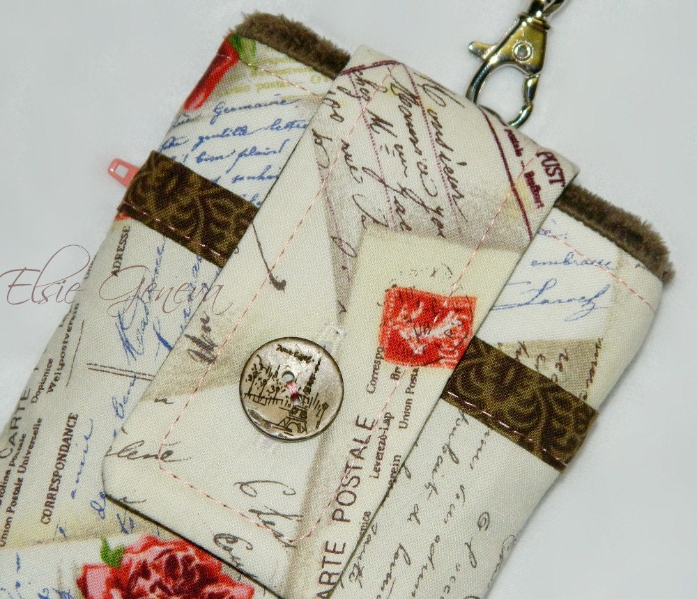 French Post Cards from Paris in Ivory Coral & Brown Phone Case with Wristlet with Button Closure with Back Zipper Pocket