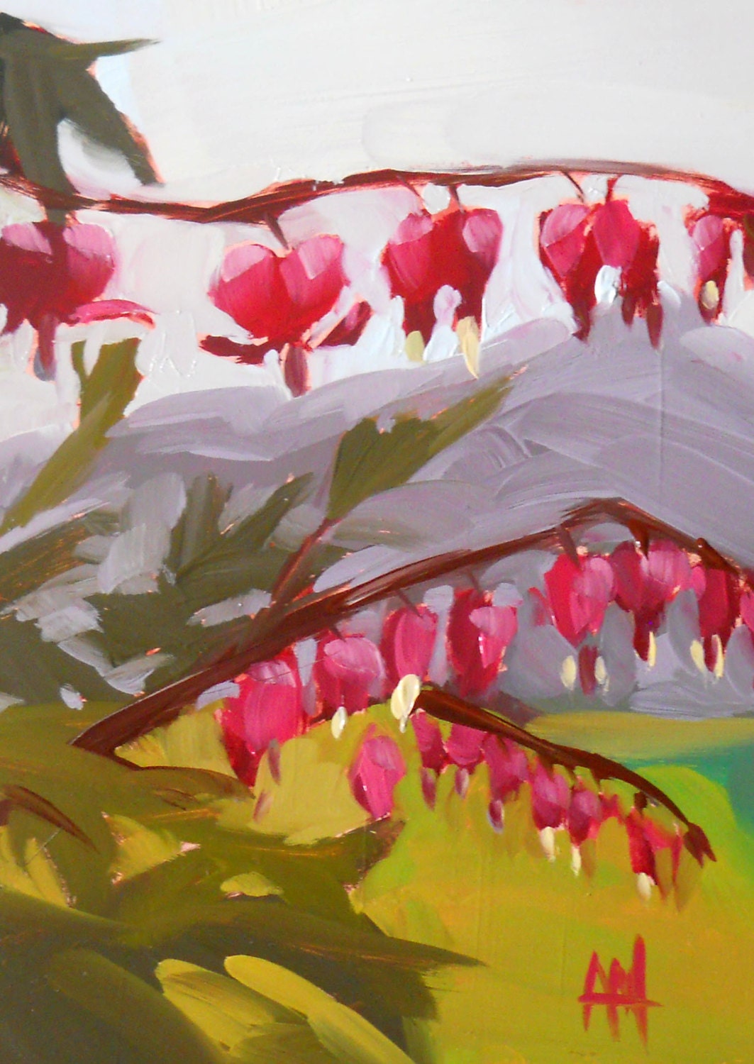 Bleeding Hearts original floral landscape oil painting by moulton 5 x 7 inches on panel  prattcreekart