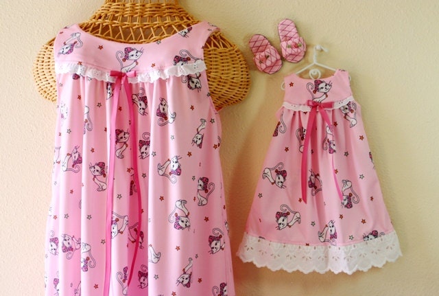 Summer Nightgown (Girls Size 8) Silky Pink Poly Nylon Knit, Eyelet trim, with Matching Amer Girl Doll Nightgown & Slippers, READY to SHIP