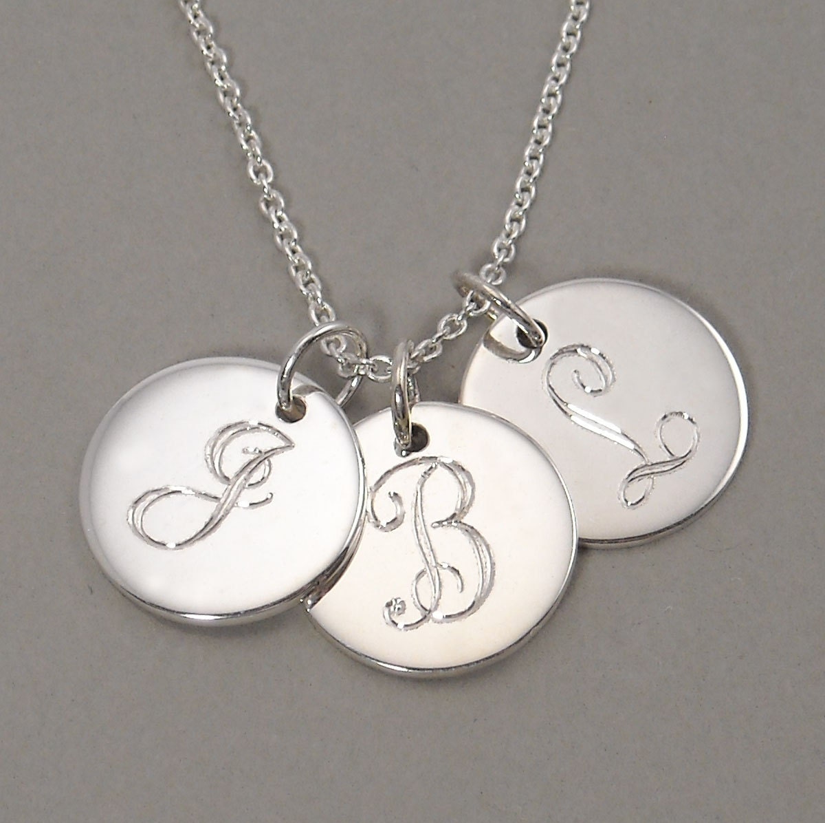 Initial necklace pendant personalized sterling silver with engraved letter monograms on three (3) 1/2 inch round circle charms- 3 UDLS