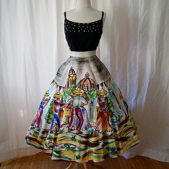 Festive 1950s hand painted Mexican circle skirt rockabilly Mexicana  swing dance rockabilly vlv vintage circle skirt