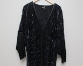 Vintage Black Beaded Batwing Silk Cardigan