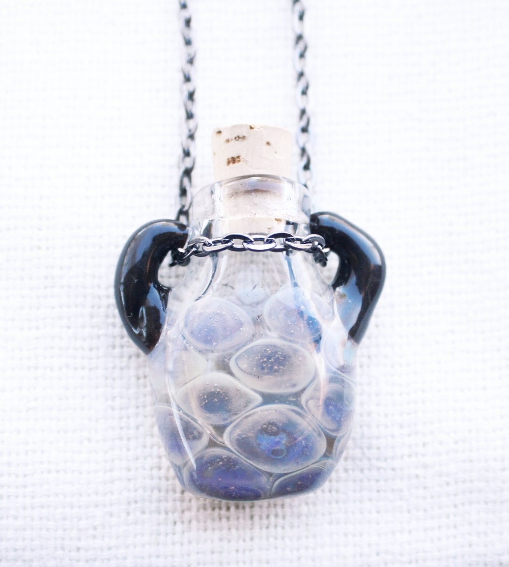 Glass Bottle Pendant Necklace - Blue and  Purple Grey Honeycomb -  Miniature Lampwork Jar - Boro - Handblown -  Borosilicate