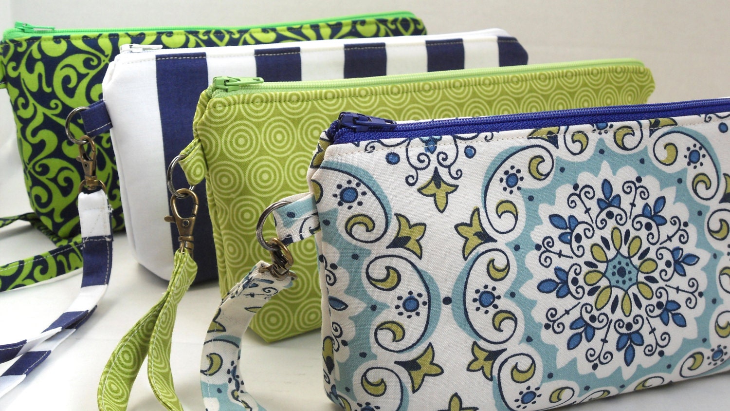 Wristlet clutch, bridesmaids gifts, apple green navy wedding, clutch purse bag