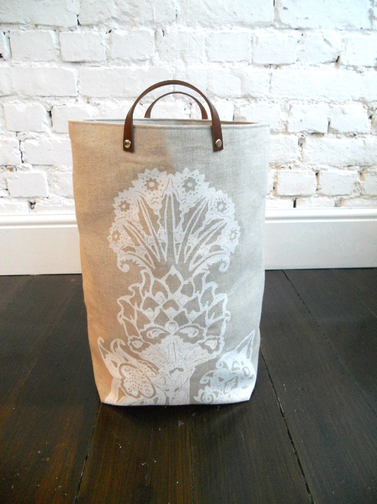 Linen fabric basket in Madagascan Pineapple with leather handles - hand block printed