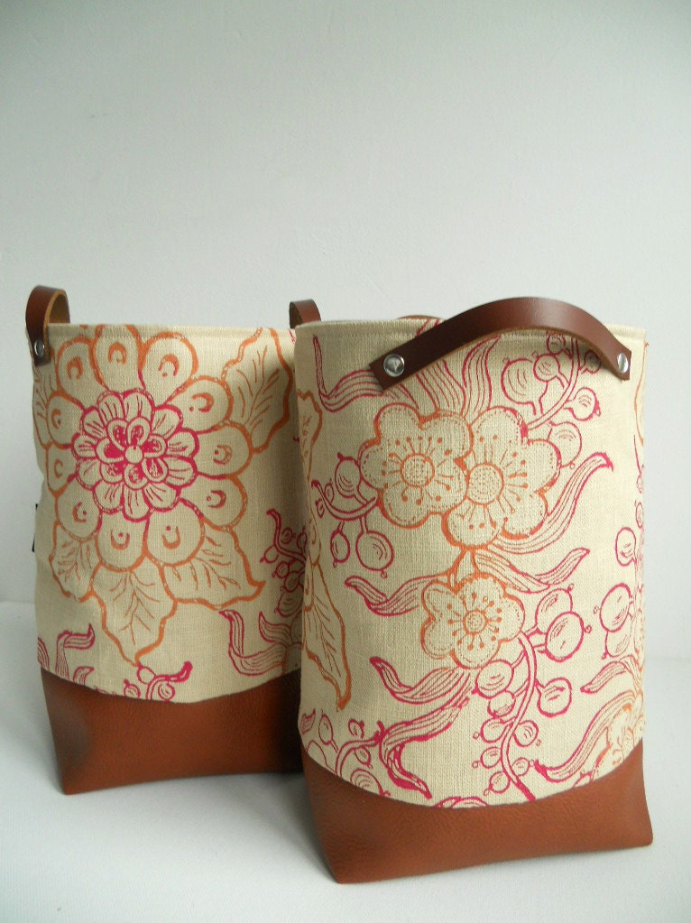 Medium Cherry Blossom Storage bucket - Block printed with leather handles
