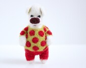 Felted white bear with green sweater and dark red polka dots, brooch