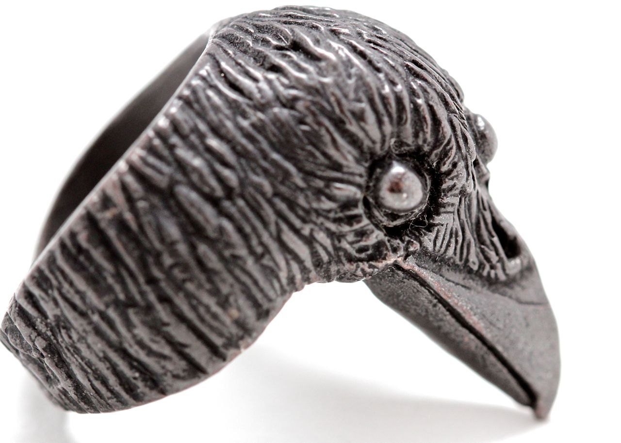 Three eyed raven ring in blackened sterling silver