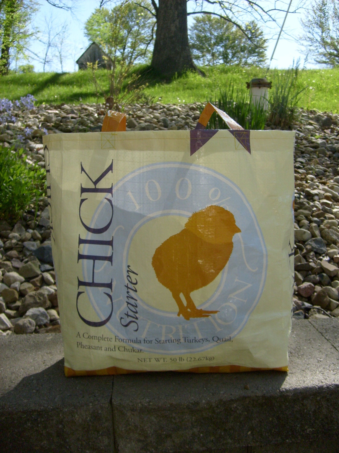 Recycled Feed Sack Yellow Chick Chicken Food Reusable Market Bag Tote Purse