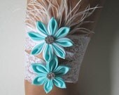 Bridal Wedding Garters, White Lace Garters, Stretch Lace Garters, Aqua Blue Garters, Tiffany Blue Garters, Kanzashi Flower, Teal Blue Garter