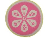 Round Floor Cushion, Hot Pink, Mid Century, Flower, Reversible, Hand Printed on Recycled Oatmeal, Ships Free