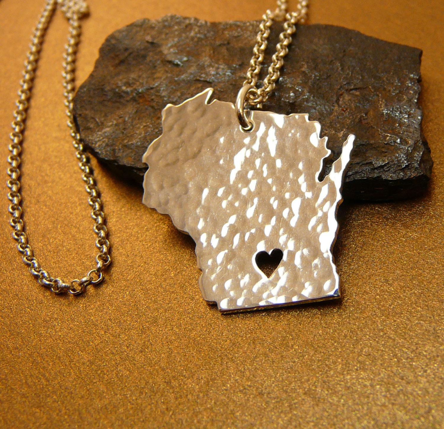 Wisconsin State, solid sterling silver necklace , sterling silver chain, custom heart