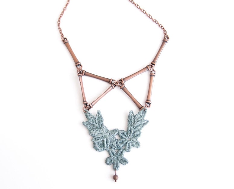 Antique Copper and Patina Lace Geometric Necklace - Long Triangle Metal Jewelry