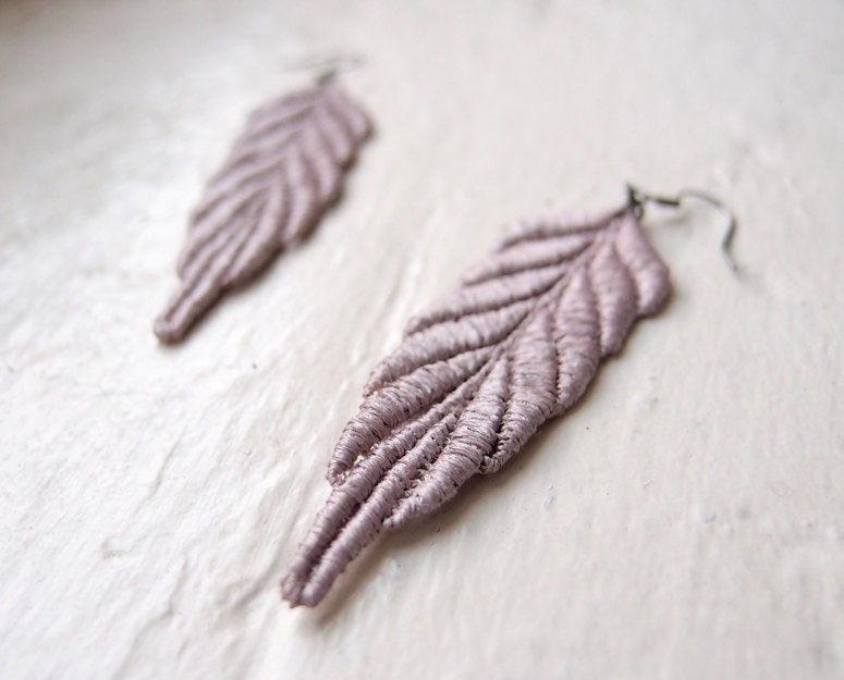 Lace Earrings - Josephine in Metallic Lilac - Greige Taupe Lavender Bridesmaid Earrings - Purple Art Deco Leaf Jewelry
