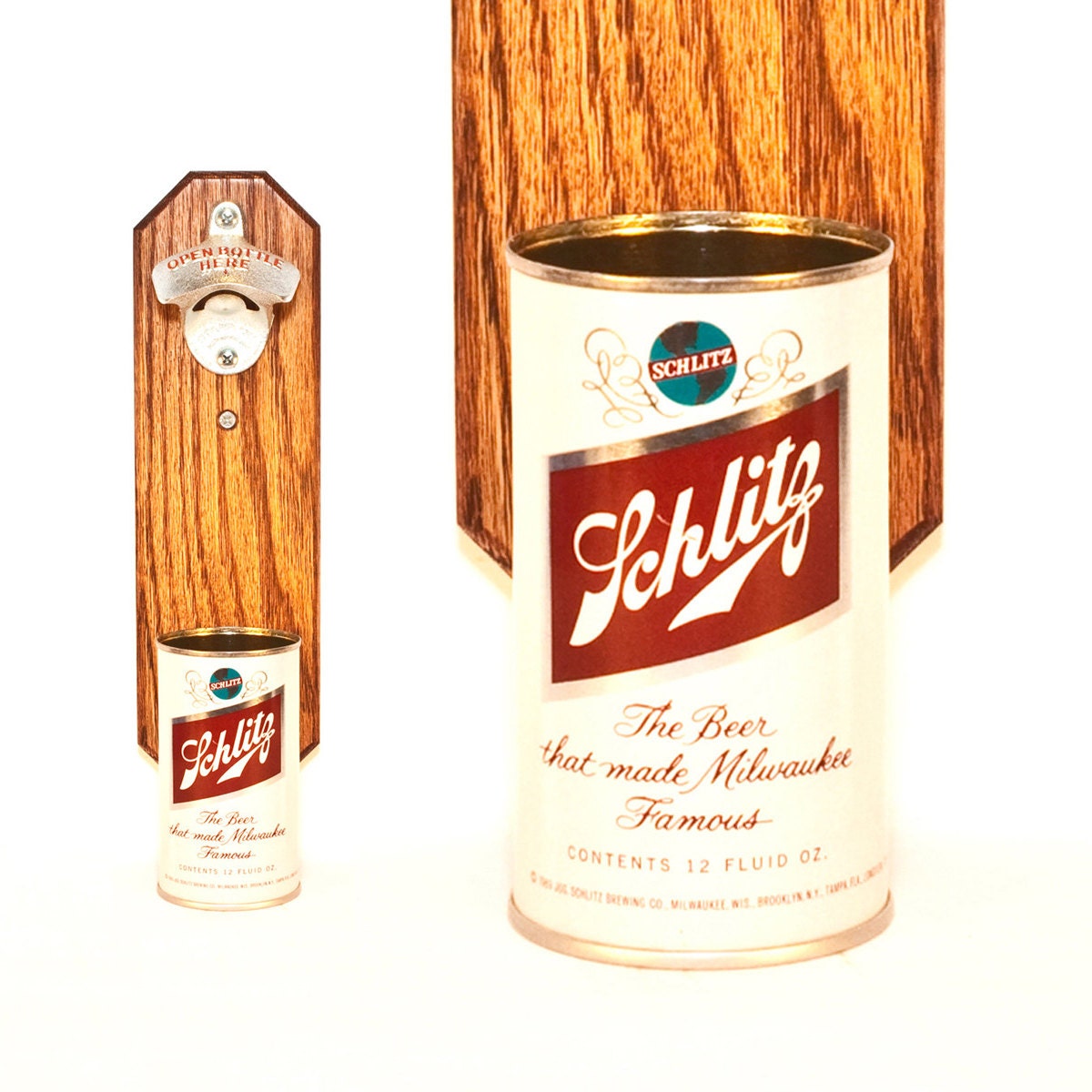 Wall Mounted Bottle Opener with Vintage Schlitz Beer Can Cap Catcher - Best Man Gift for Groomsmen Guys Grad Dad